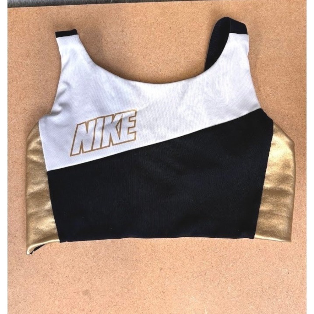 Nike Dri-FIT Womens XS Sports Bra Black White Gold Metallic Colorblock Logo